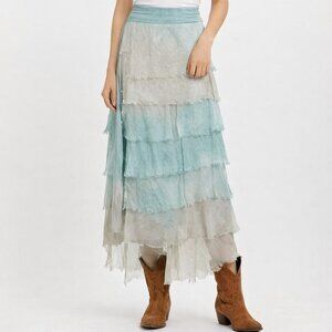 MEo Meli Silk Layered Tiered Maxi Skirt Boho Western Festival Italy OS Medium